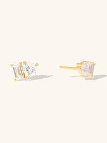 Heart Baguette Duo Stud Earrings | 5A Grade Cubic Zirconia | 14K Gold Plated Brass