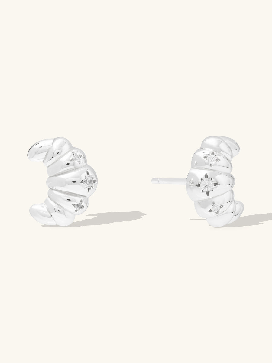 Croissant Stud Earrings | 5A Grade Cubic Zirconia | Silver Rhodium Plated Brass