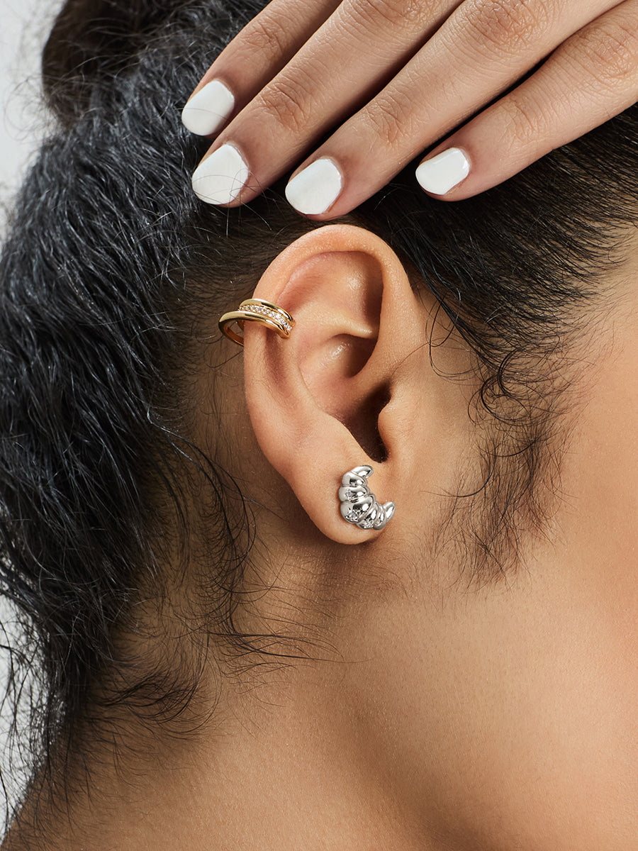 Croissant Stud Earrings | 5A Grade Cubic Zirconia | Silver Rhodium Plated Brass