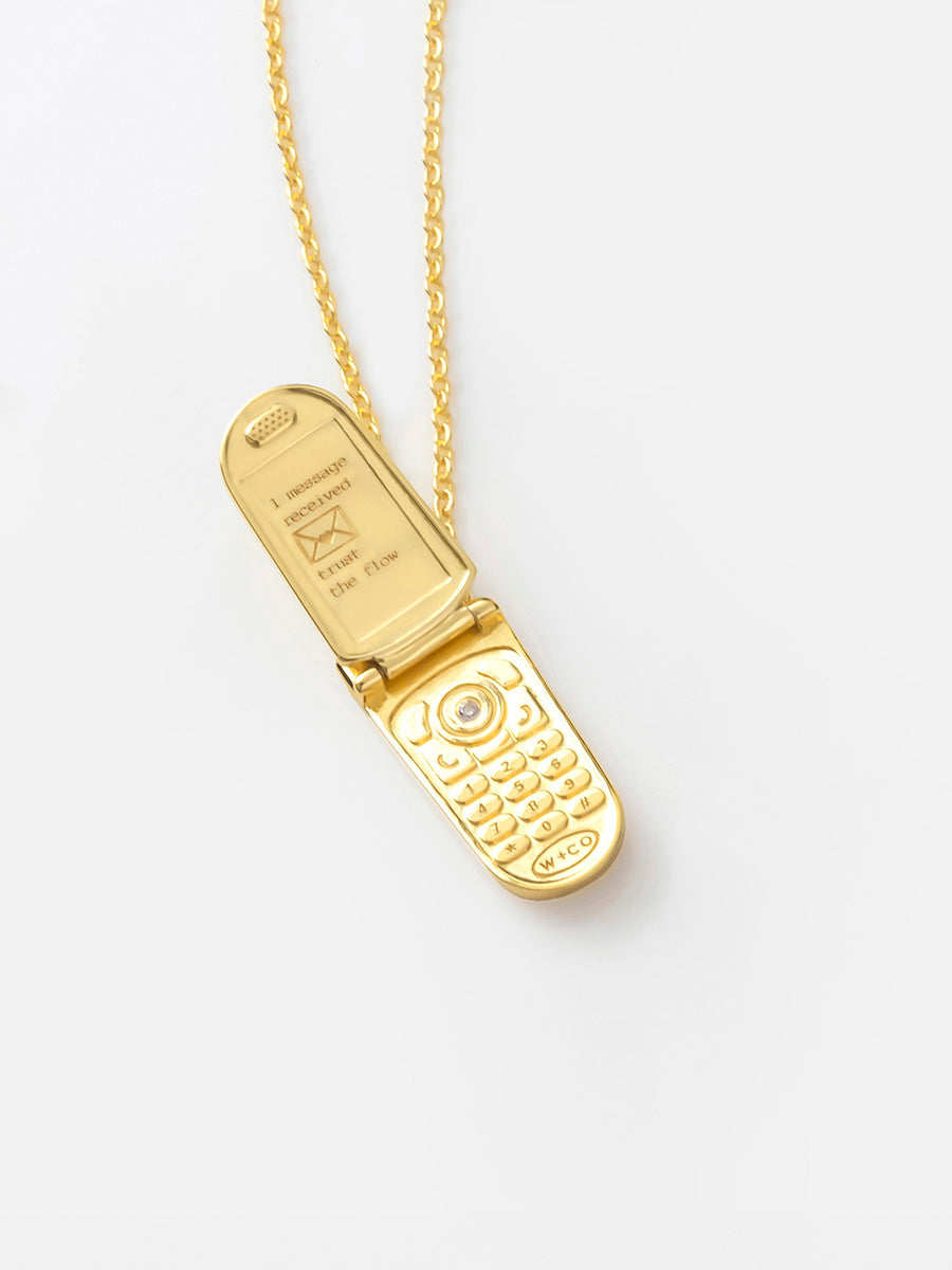 Flip Phone Locket Necklace | 5A Grade Cubic Zirconia | 14K Gold Plated Brass