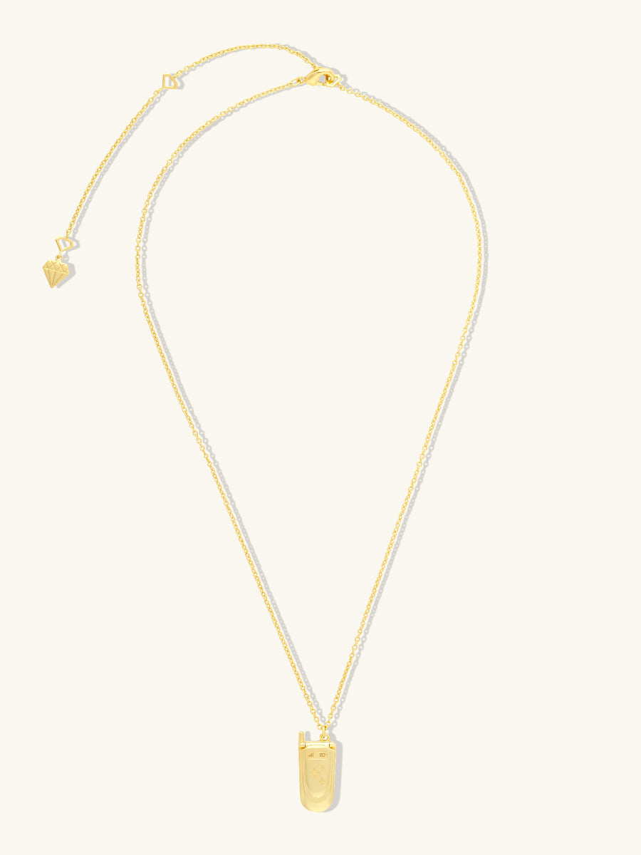 Flip Phone Locket Necklace | 5A Grade Cubic Zirconia | 14K Gold Plated Brass