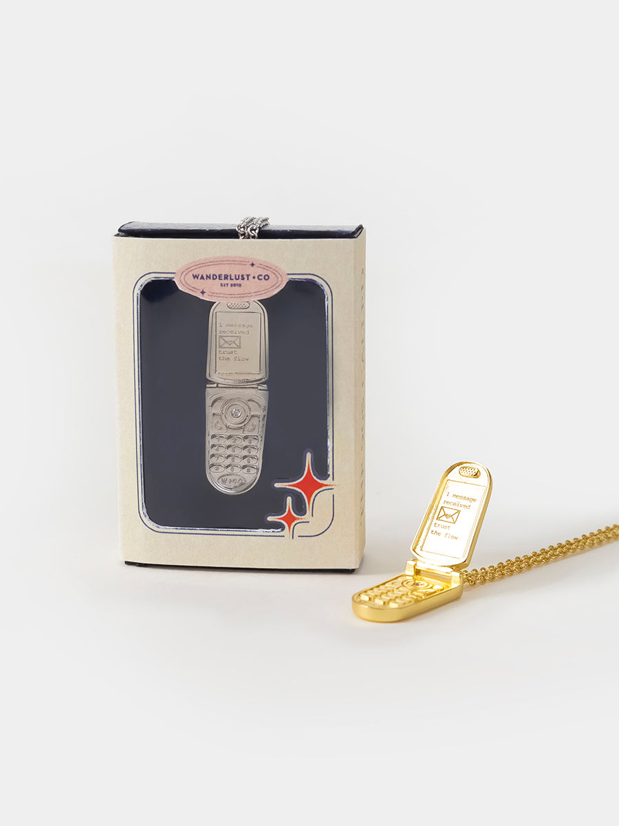 Flip Phone Locket Necklace | 5A Grade Cubic Zirconia | 14K Gold Plated Brass