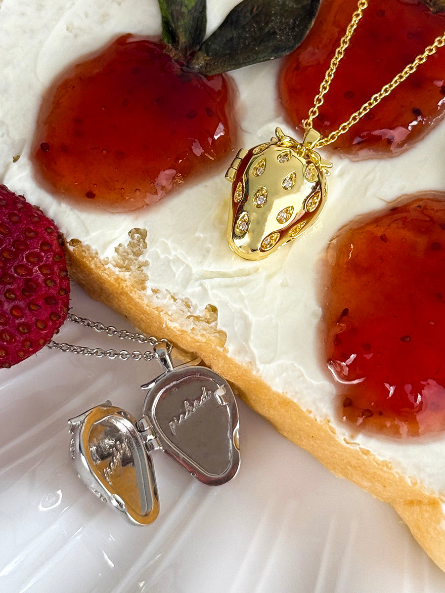Strawberry Locket Necklace | 5A Grade Cubic Zirconia | 14K Gold Plated Brass