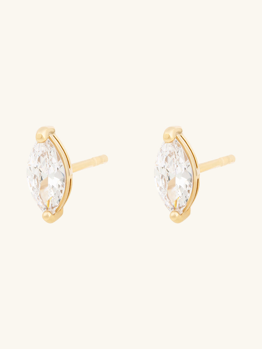 Marquise Stud Earrings | 5A Grade Cubic Zirconia | 14K Gold Plated Brass