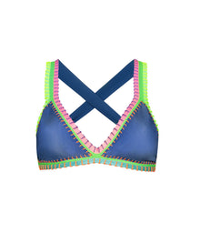 Blue bikini top with colorful trim on a white background