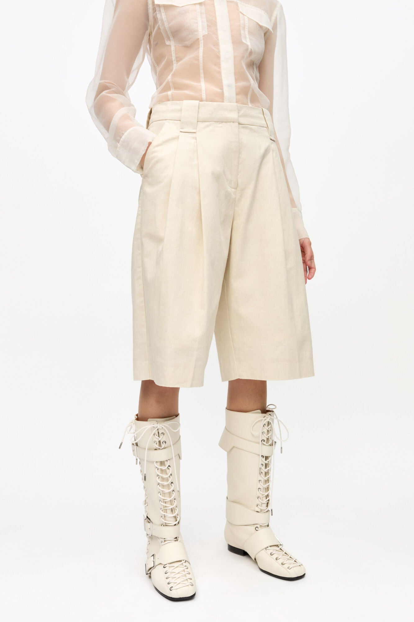 White Cotton Melange Tailoring Wide Shorts | Angora