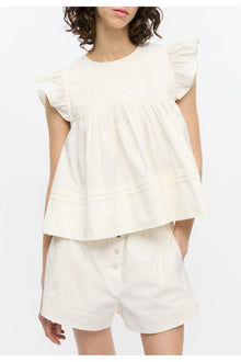 White Stretch Cotton Frill Sleeve Top | Egret