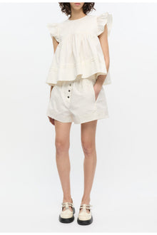 White Stretch Cotton Frill Sleeve Top | Egret