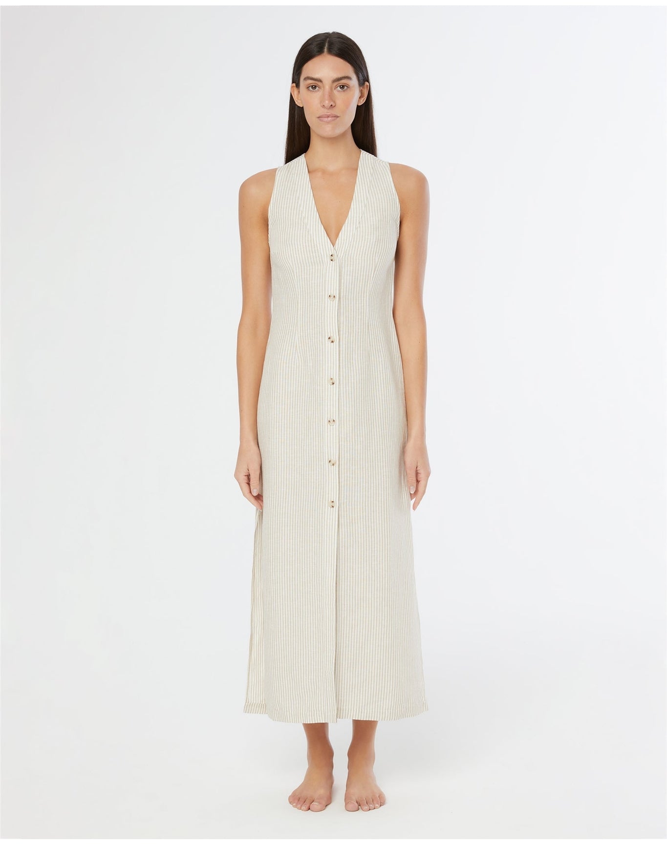 Women | Air Linen Button Down Maxi Dress | Jute White