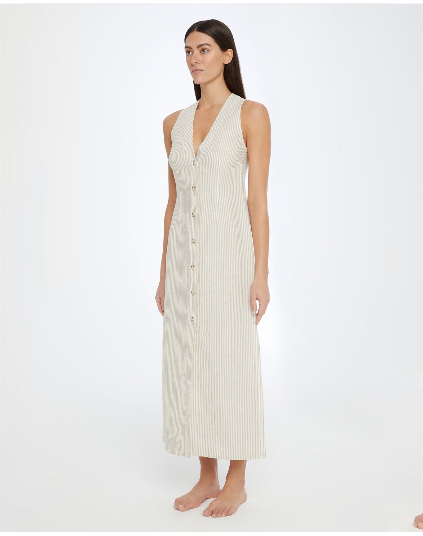 Women | Air Linen Button Down Maxi Dress | Jute White