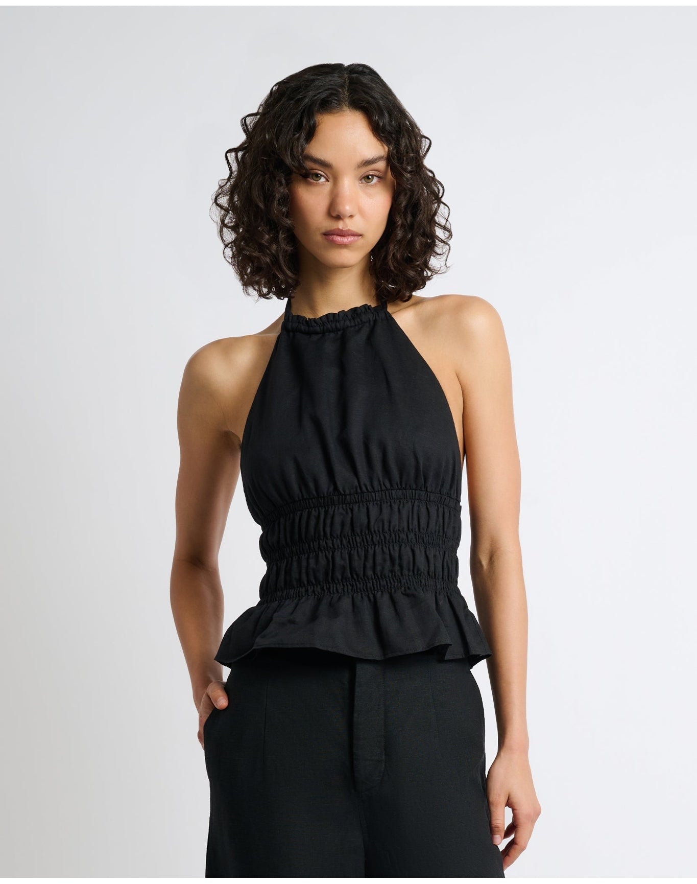 Women | Air Linen Smocked Halter Top | Black