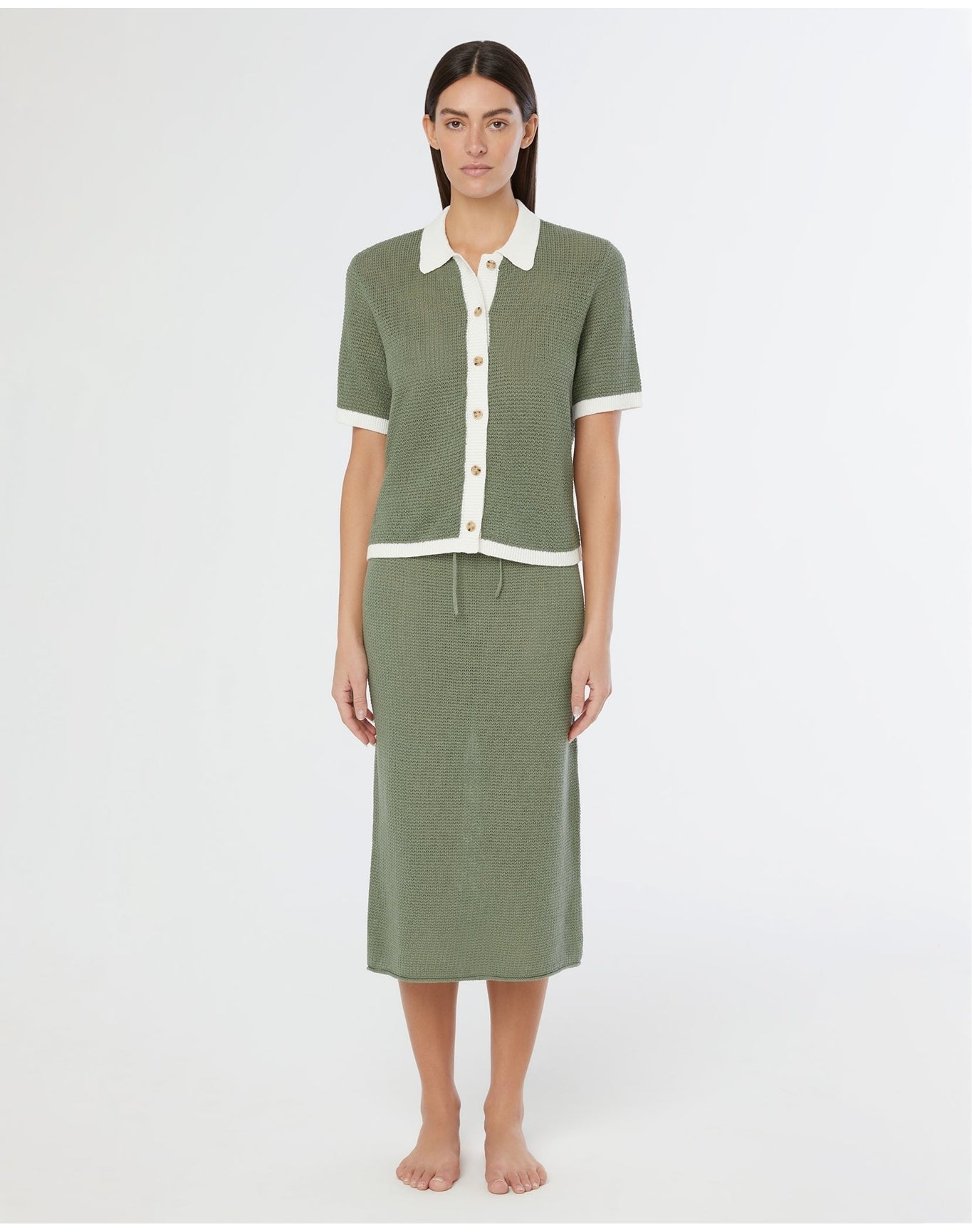 Women | Linen Knit Button Up Shirt | Sea Spray White