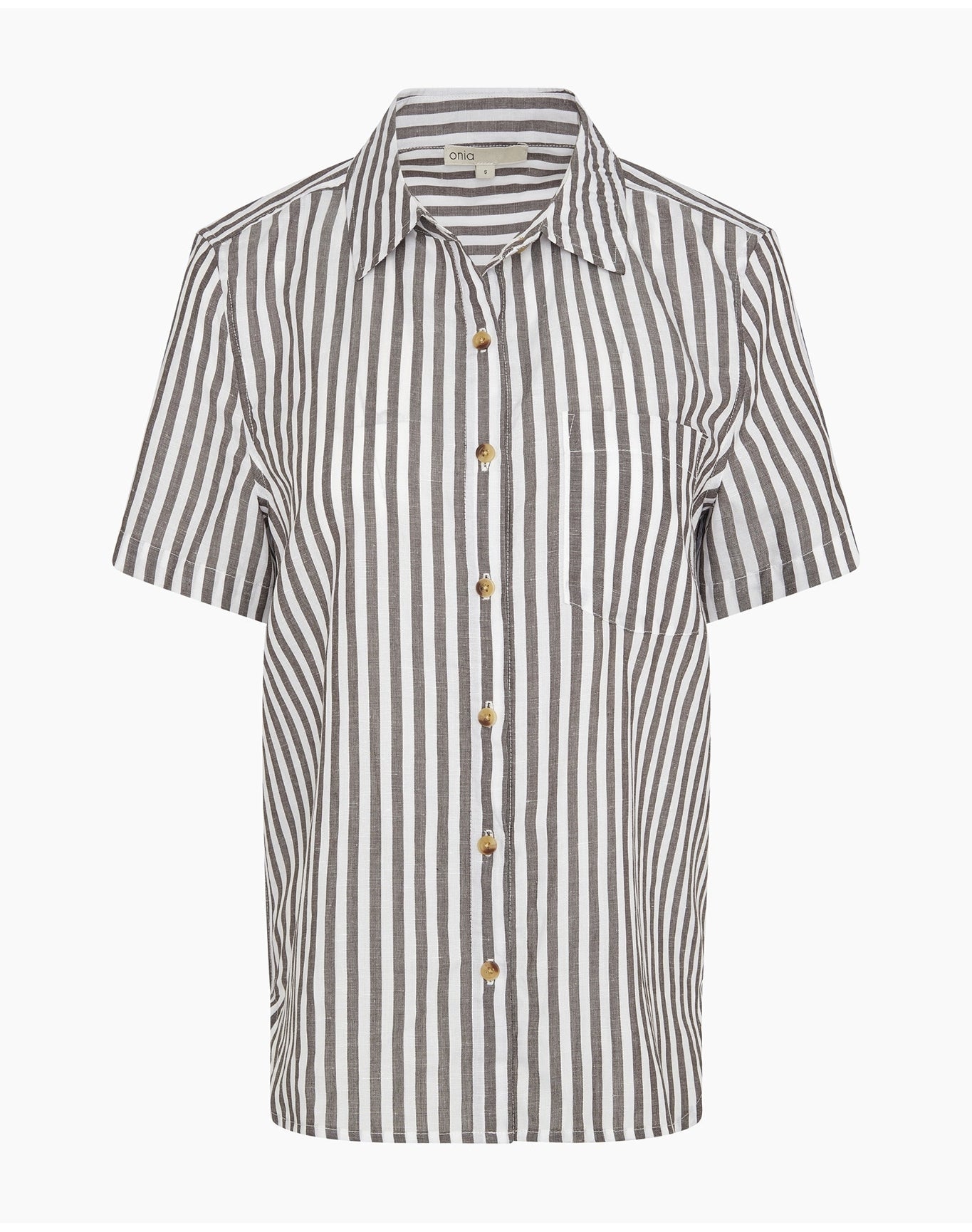 Women | Linen Short Sleeve Shirt | Dark Chocolate x White