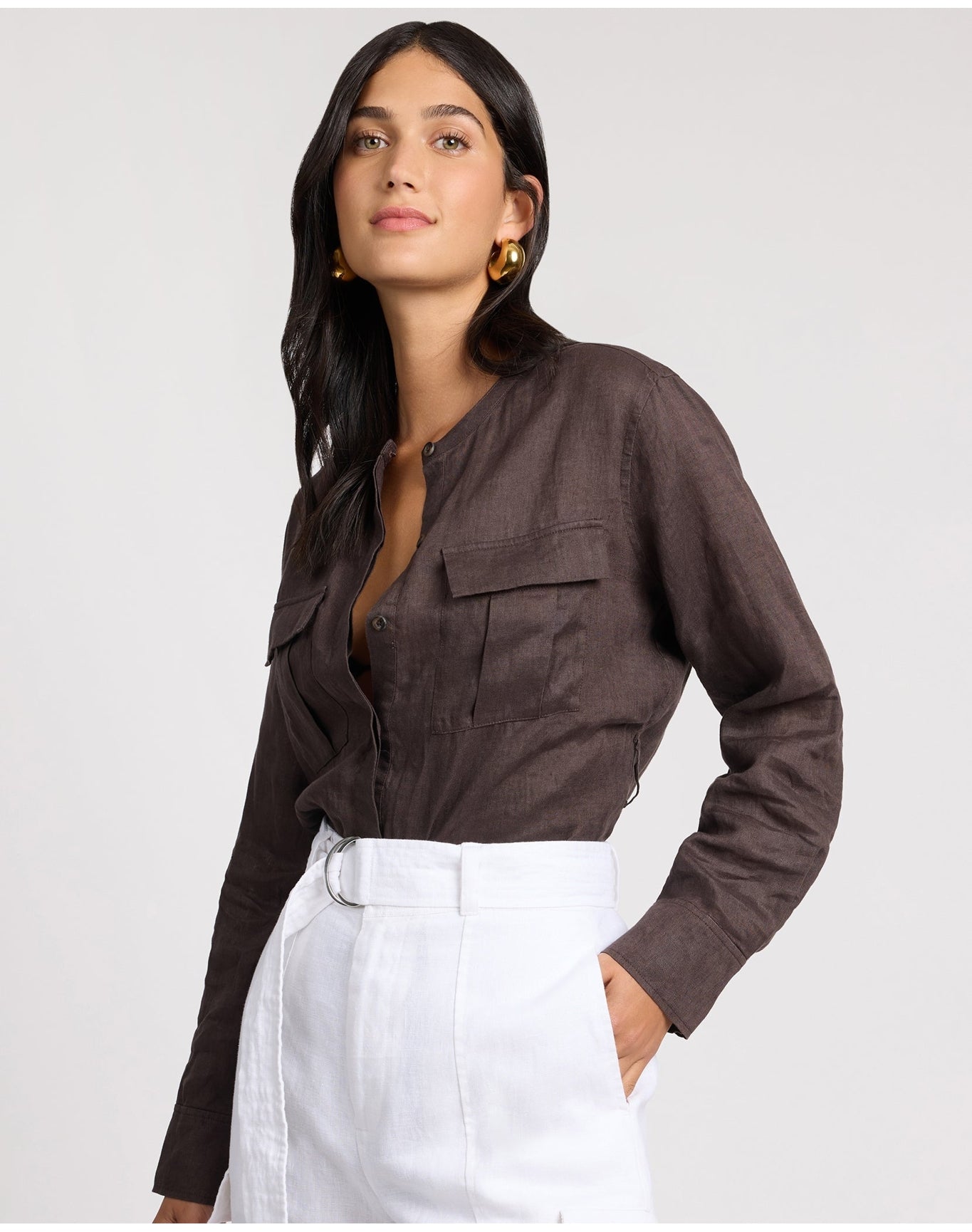Women | Linen Utility Shirt | Espresso