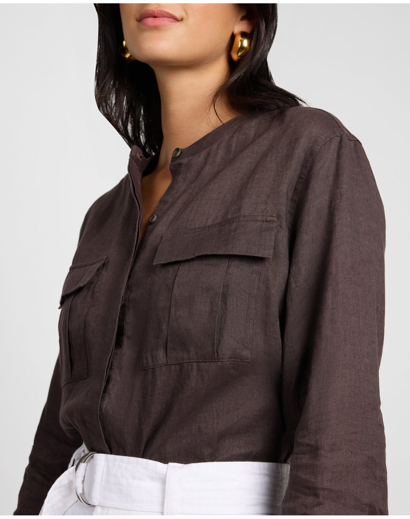 Women | Linen Utility Shirt | Espresso