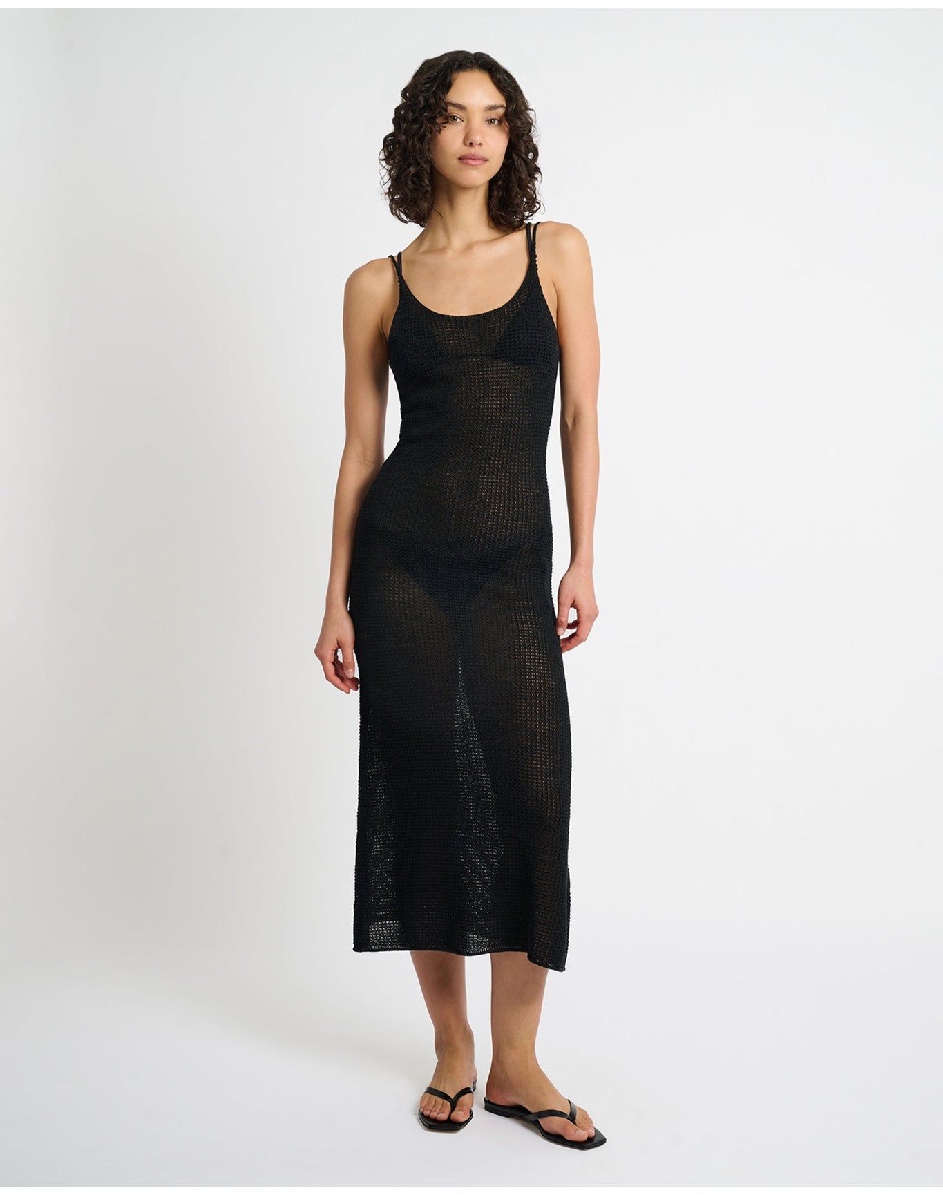 Women | Textured Linen Sweater Scoop Maxi Dress | Black