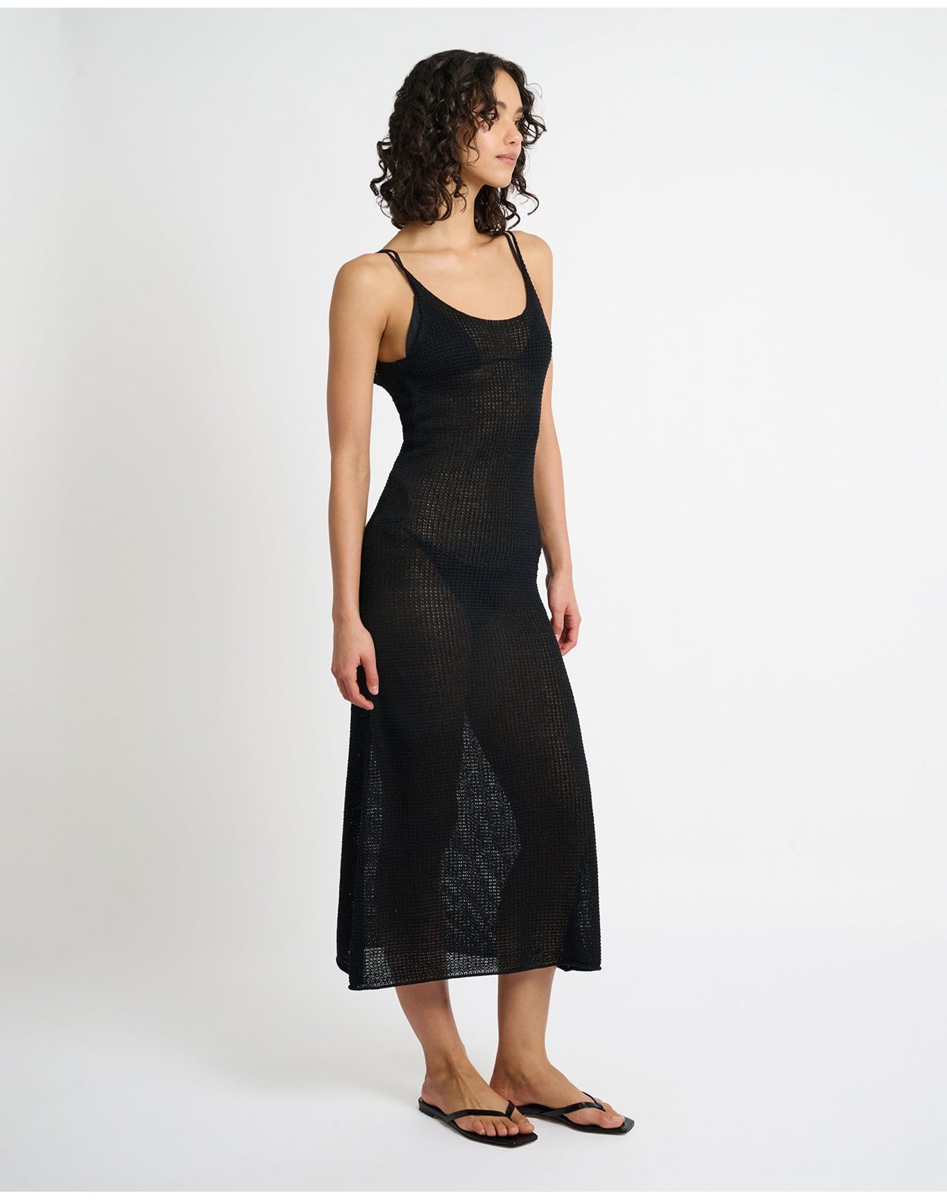 Women | Textured Linen Sweater Scoop Maxi Dress | Black