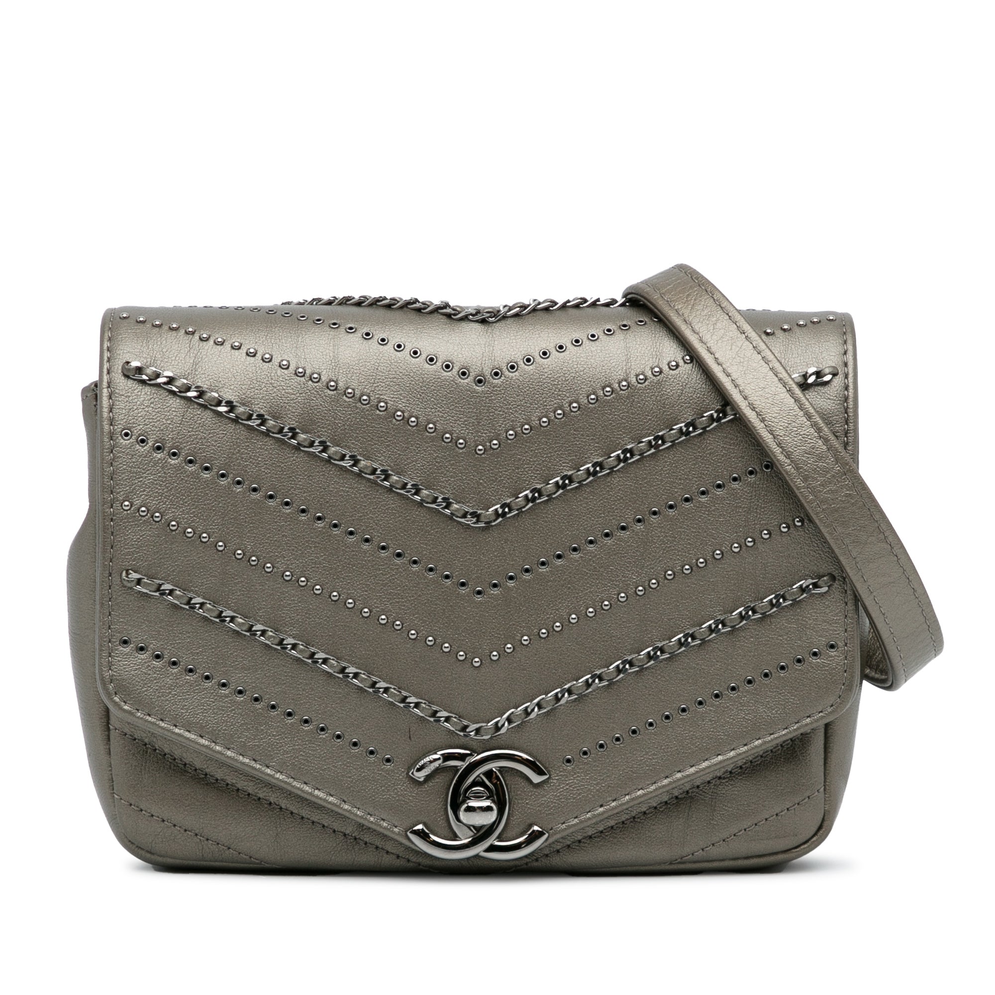 Chanel | Pre-Owned Mini Embellished Calfskin Chevron Square Envelop Flap | Gray