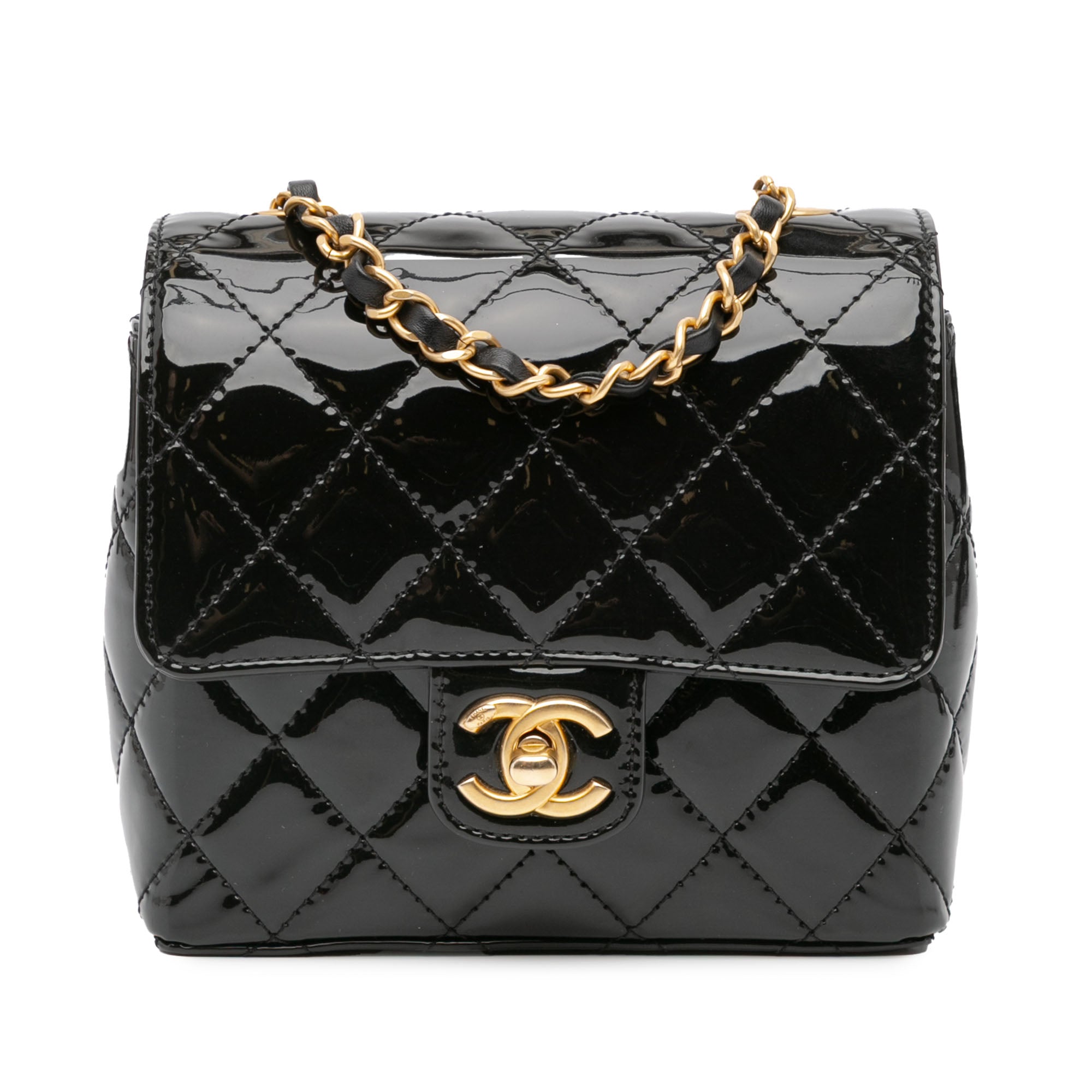 Chanel | Pre-Owned Mini Square Classic Patent Single Flap with Golden Chain Shoulder Strap | Black