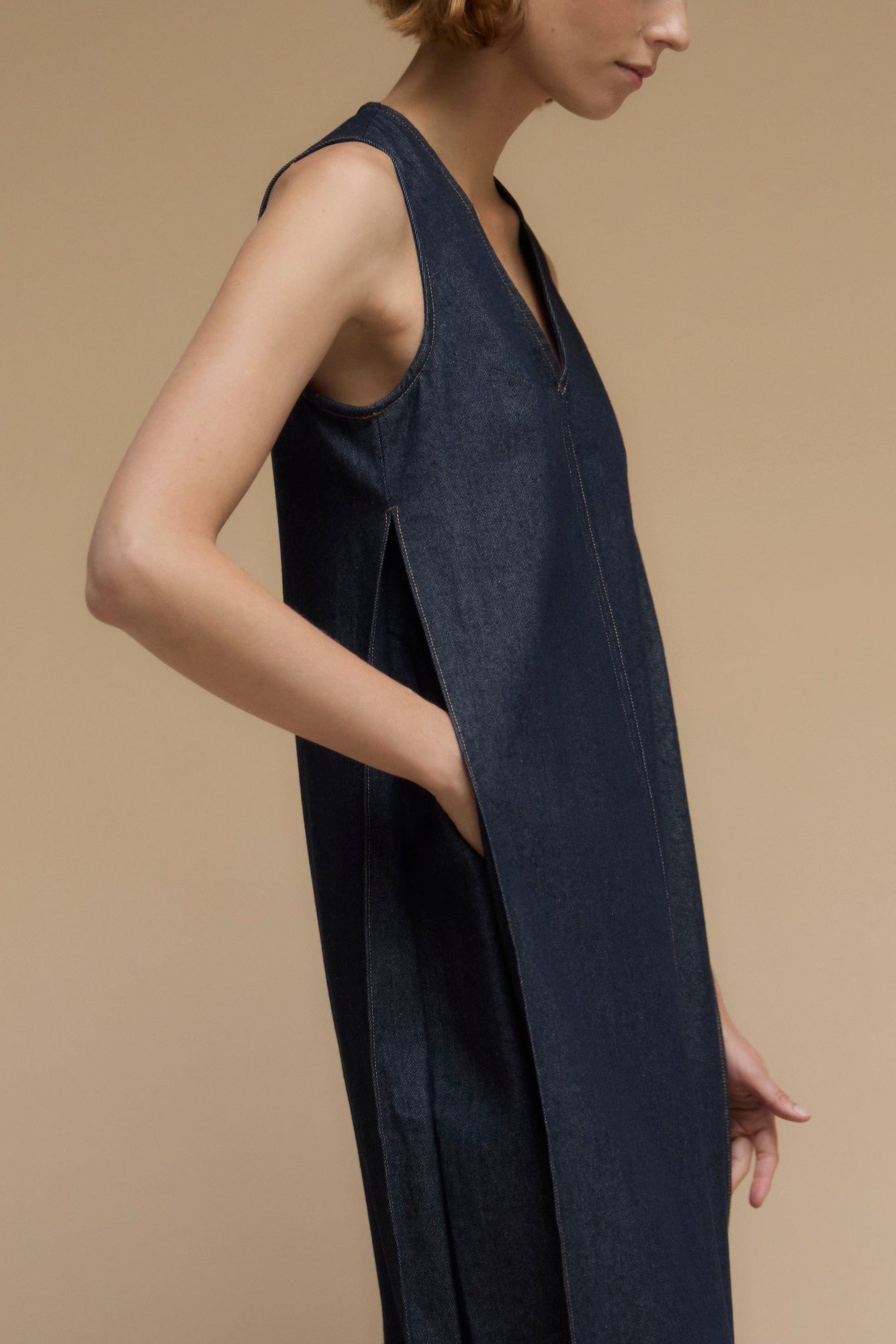 Mali  |  Yusra Side-Pleat Dome Denim Dress in Size Small