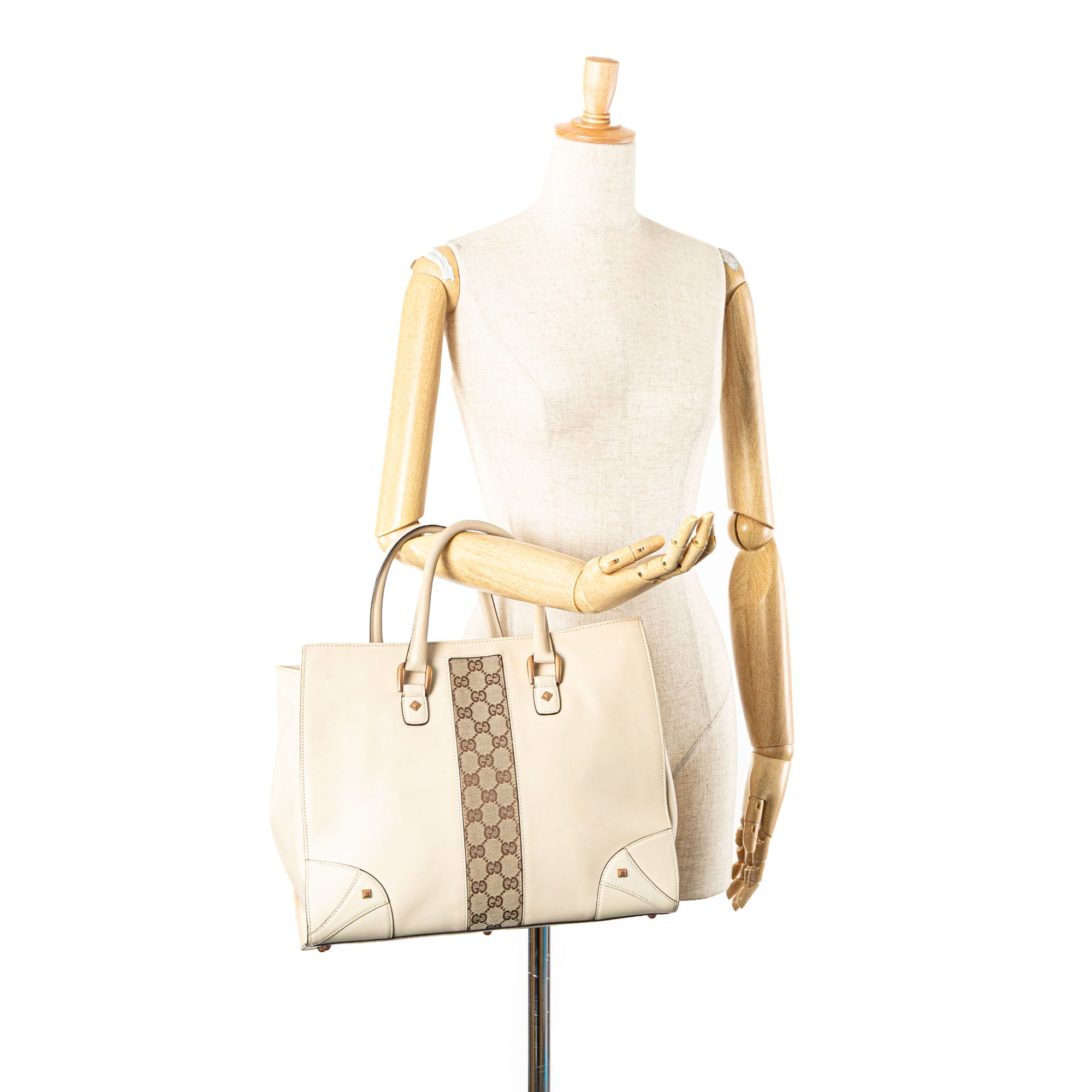 Gucci | Pre-Owned Calfskin and GG Canvas Nailhead Tote | White/Ivory