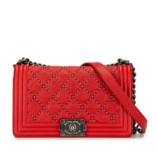 Chanel | Pre-Owned Old Medium Quilted Crumpled Calfskin Studded Boy Flap | Red