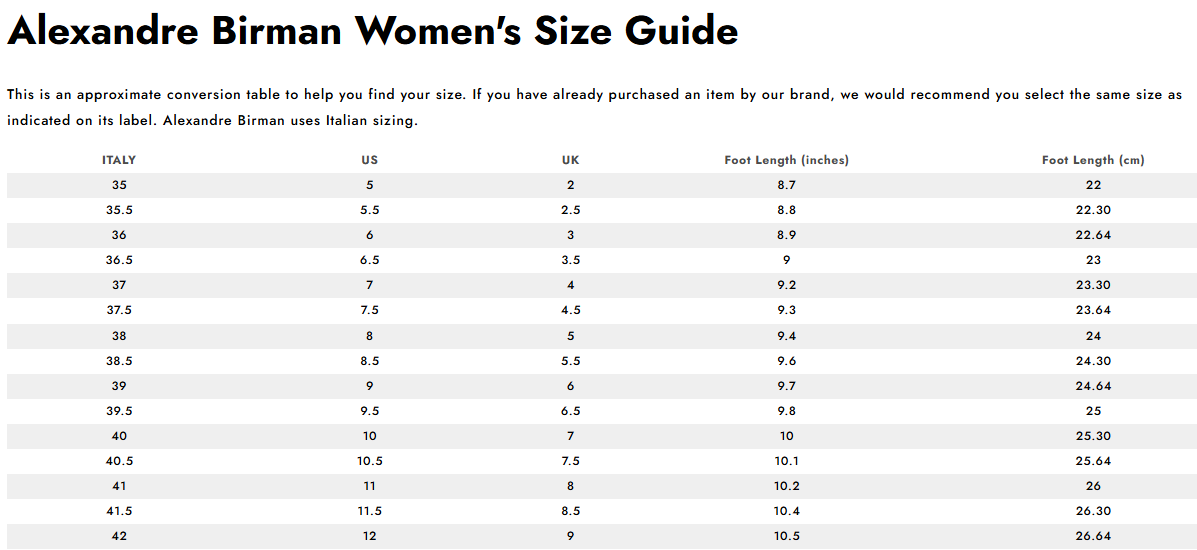 Product size guide
