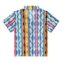 Short-sleeved button-down shirt with vertical wavy stripes in blue, pink, yellow, brown, and cream.