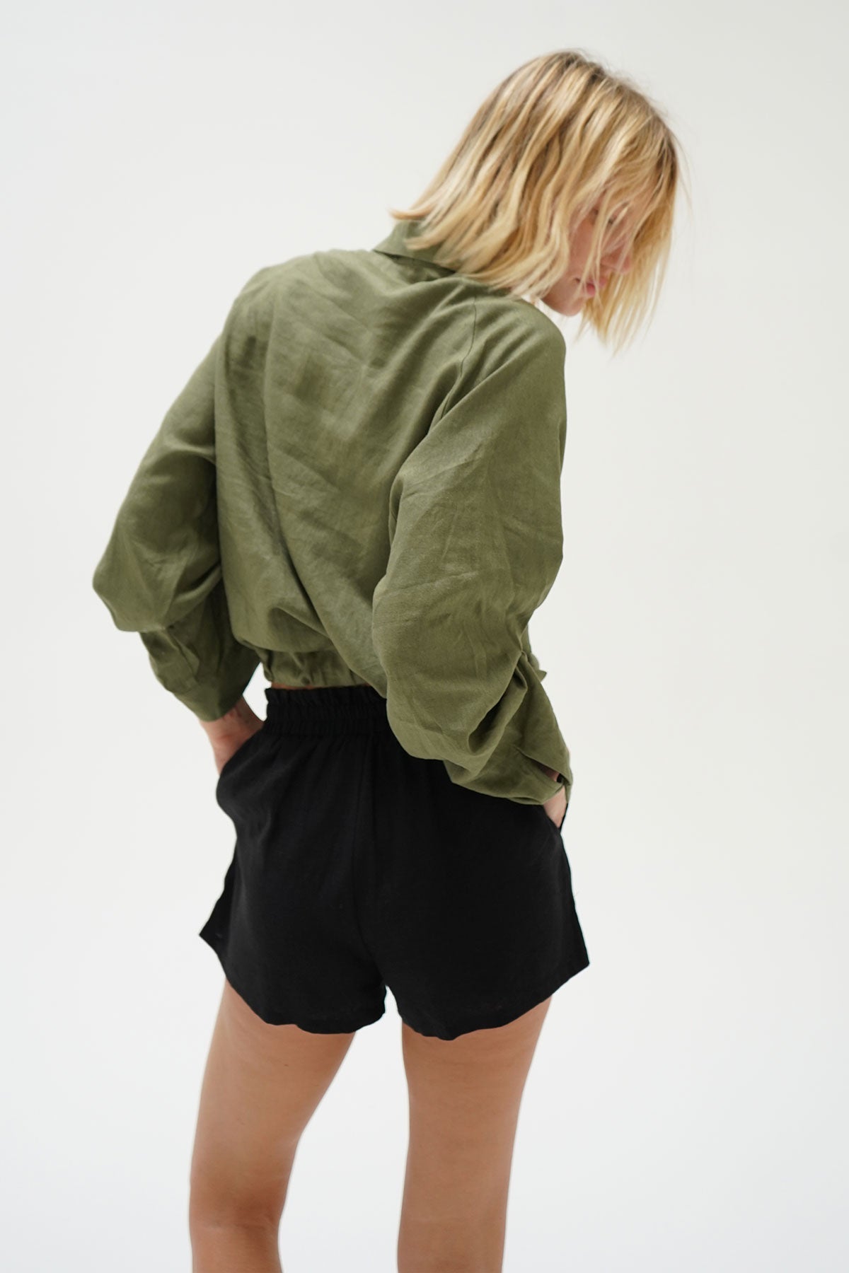 LNA Alpine Drawstring Linen Button Up in Juniper