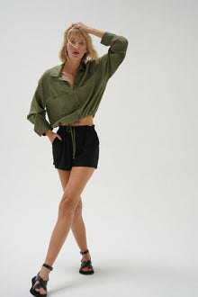 LNA Alpine Drawstring Linen Button Up in Juniper
