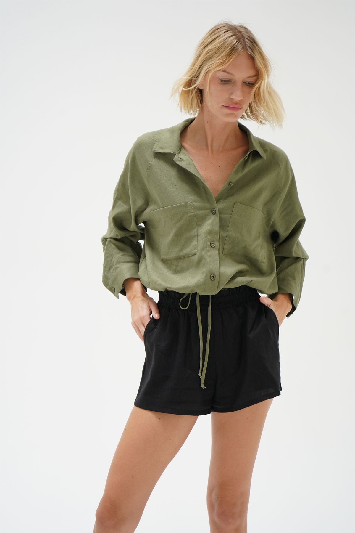 LNA Alpine Drawstring Linen Button Up in Juniper