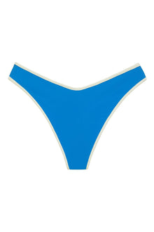Bright blue bikini bottom with cream-colored binding along the edges and leg openings.
