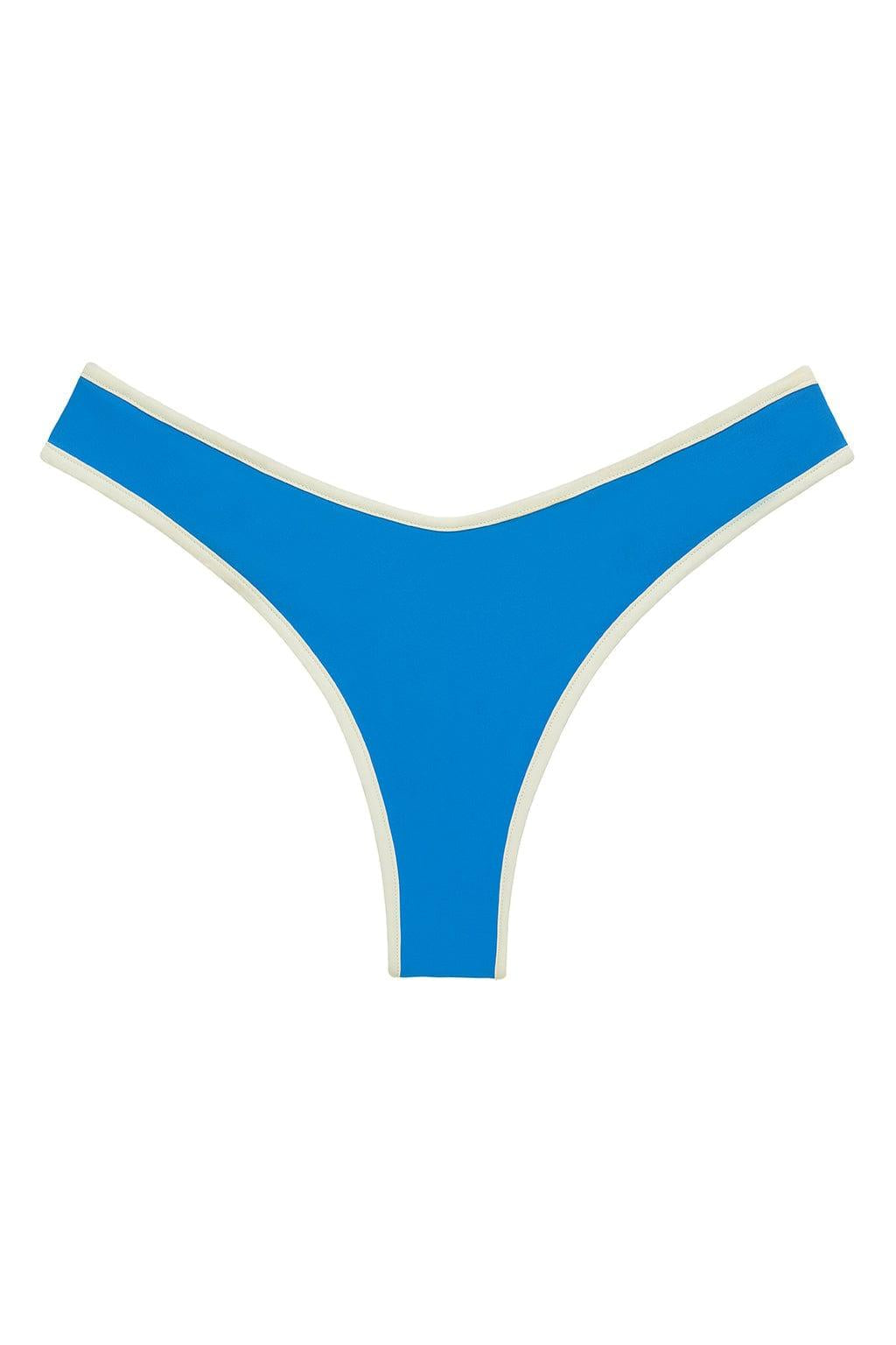 Blue bikini bottom with cream binding along the edges and leg openings.