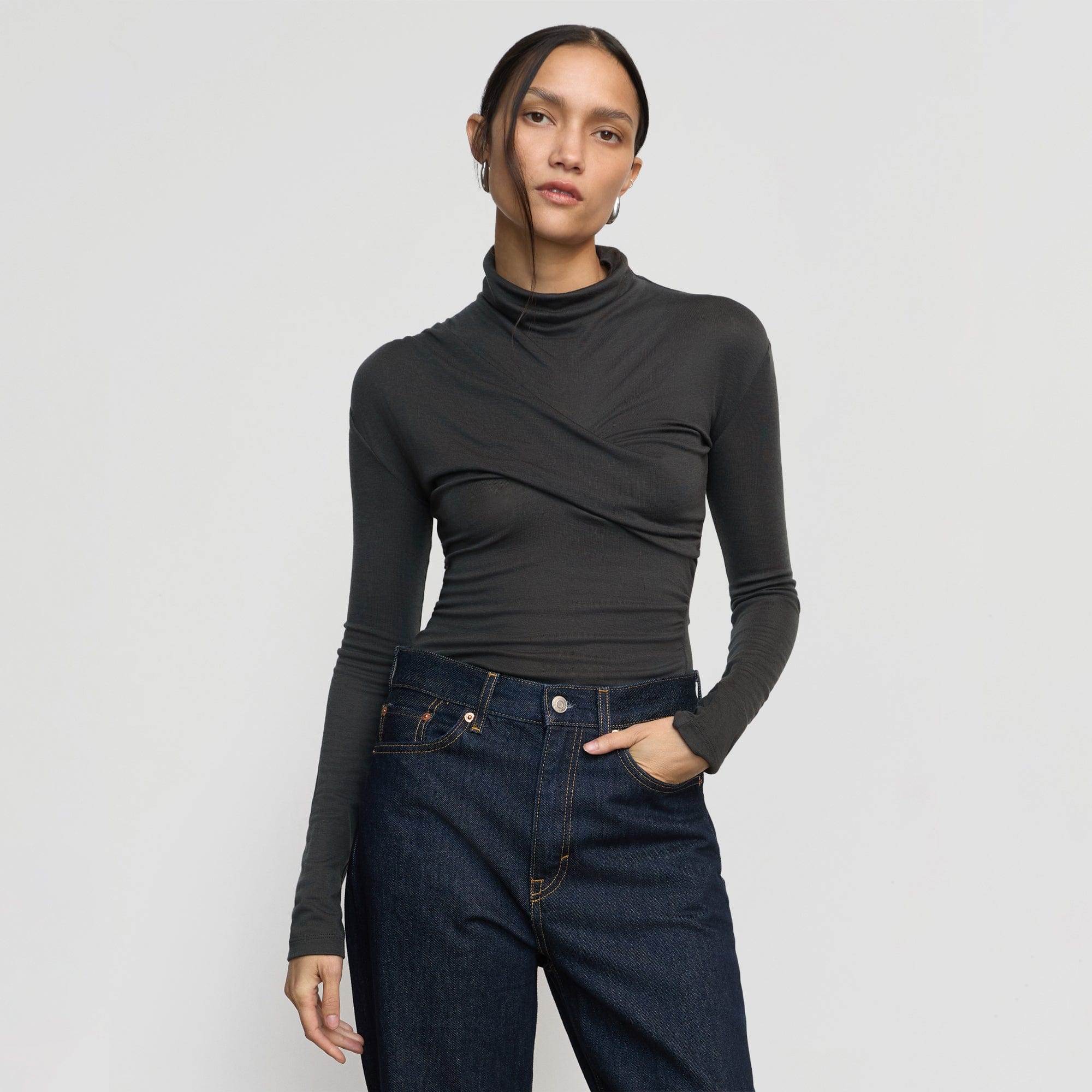 Aubree Front-Twist Tencel-Wool Tee | Dark Pebble