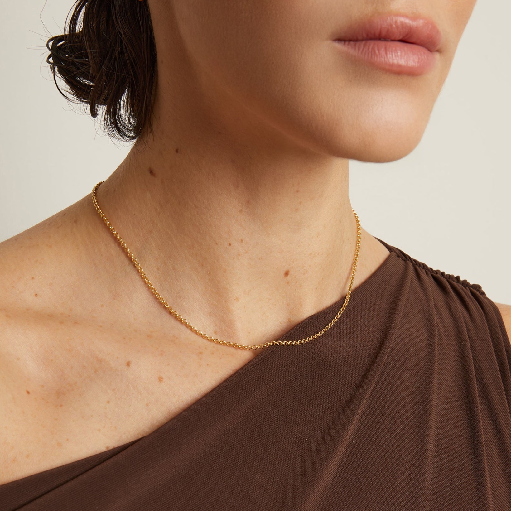 Model. Close-up of a person wearing a gold necklace with a neutral background