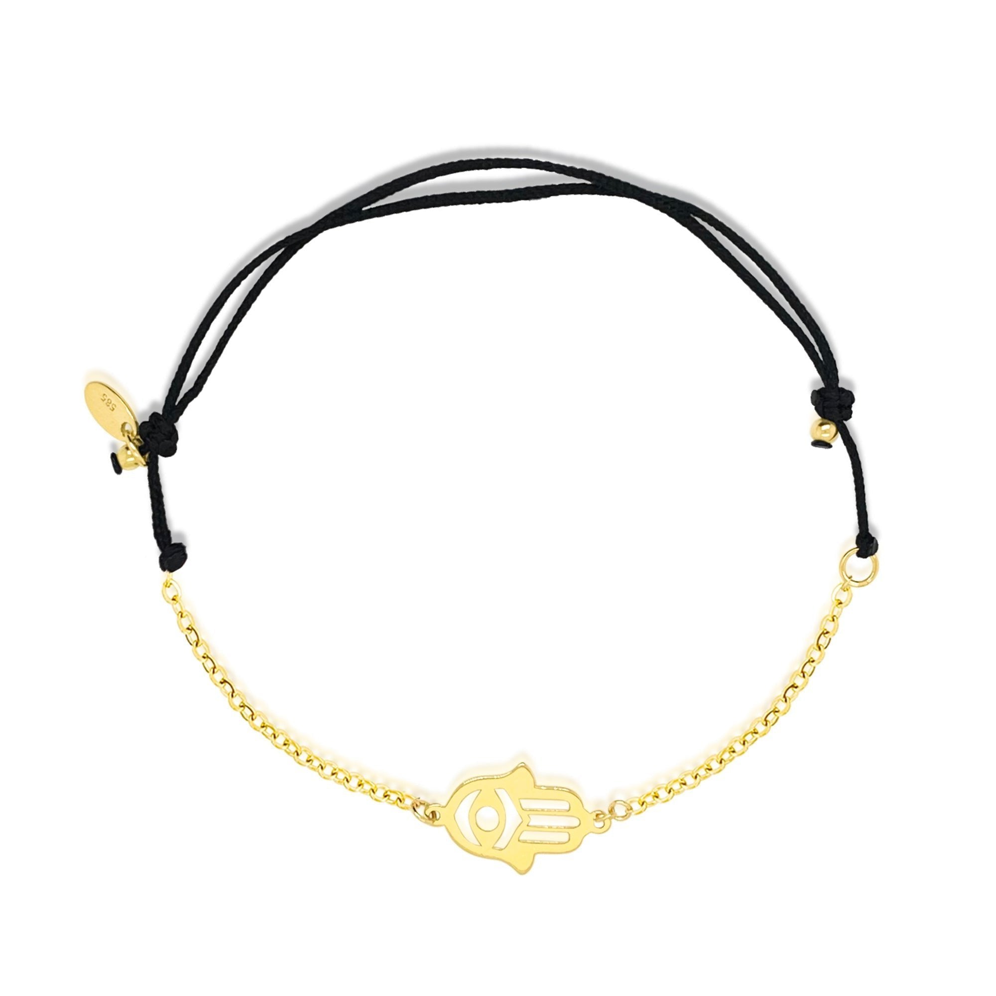 14Kt Adjustable Yellow Gold And Black Chord Hamsa Bracelet | Yellow Gold