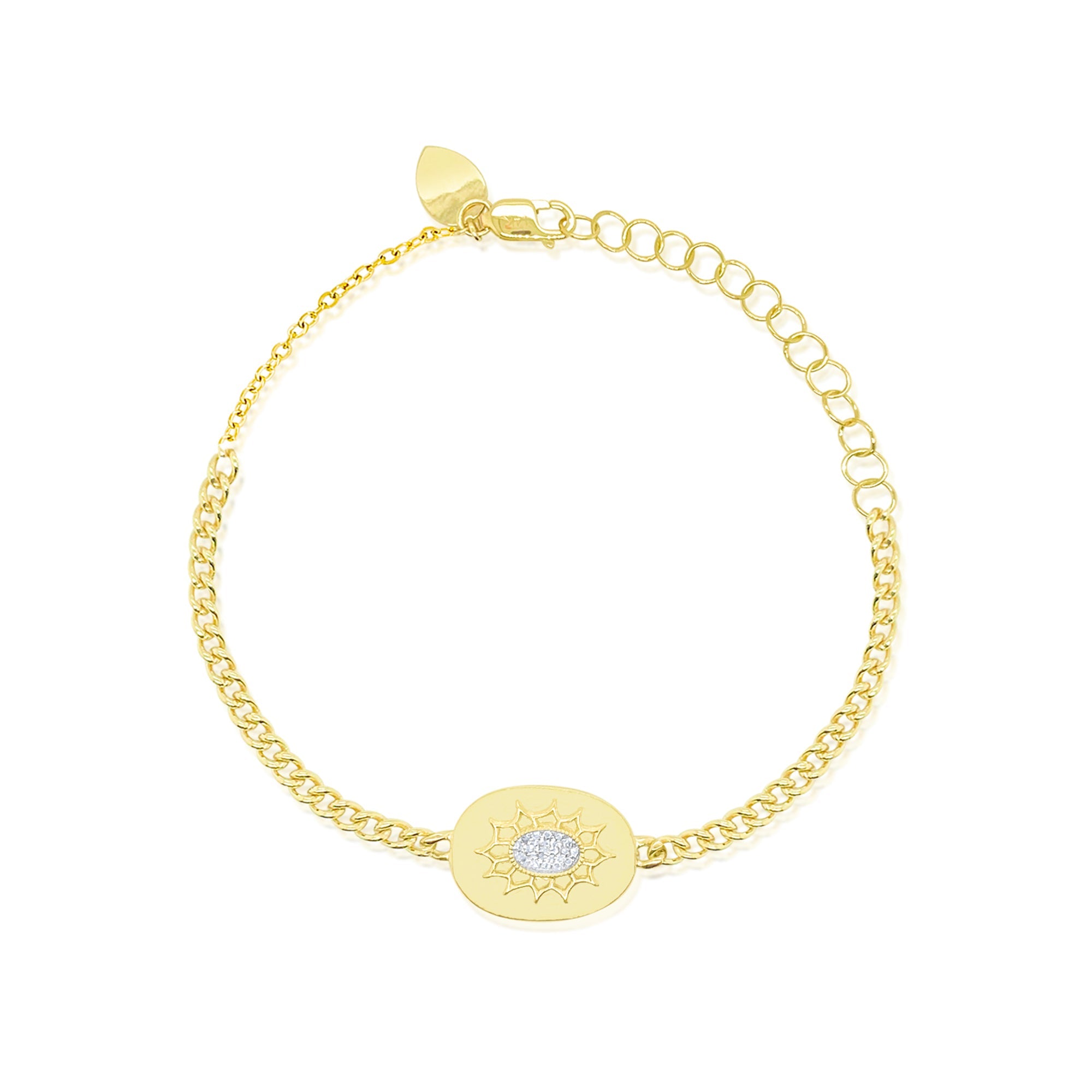 14Kt Yellow Gold Diamond Curb Chain Medallion Link Bracelet With Diamonds | Yellow Gold