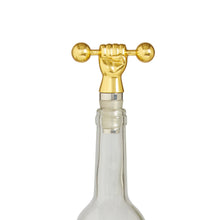 barbell bottle stopper brass with bottle - detail view