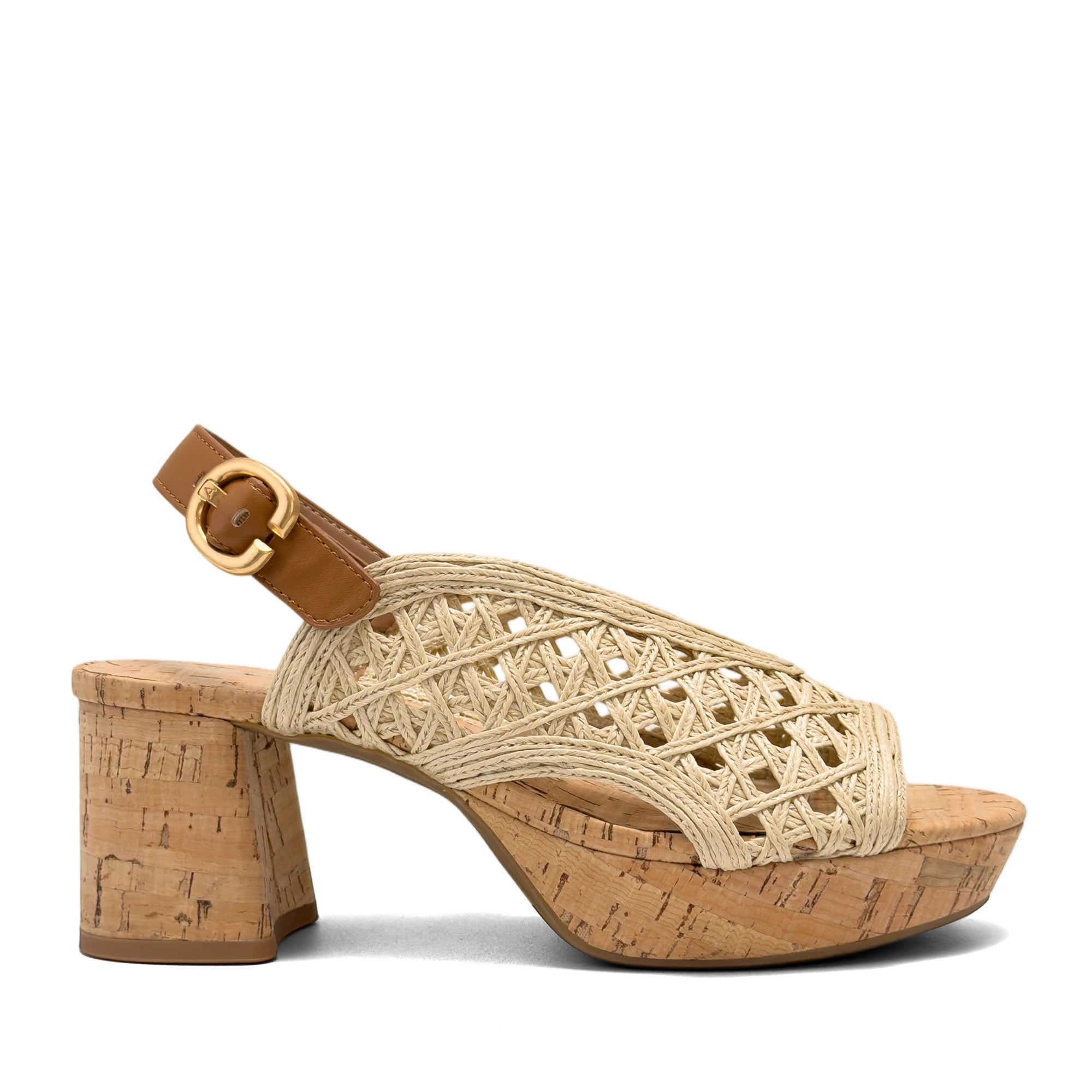 Clora Sandal Block Heel | Natural/Tan Crochet Raffia/Faux Nappa
