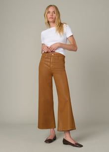 The Mia Wide Leg Ankle Coated in Bronze Brown – trendy high rise wide leg jeans with coated finish.