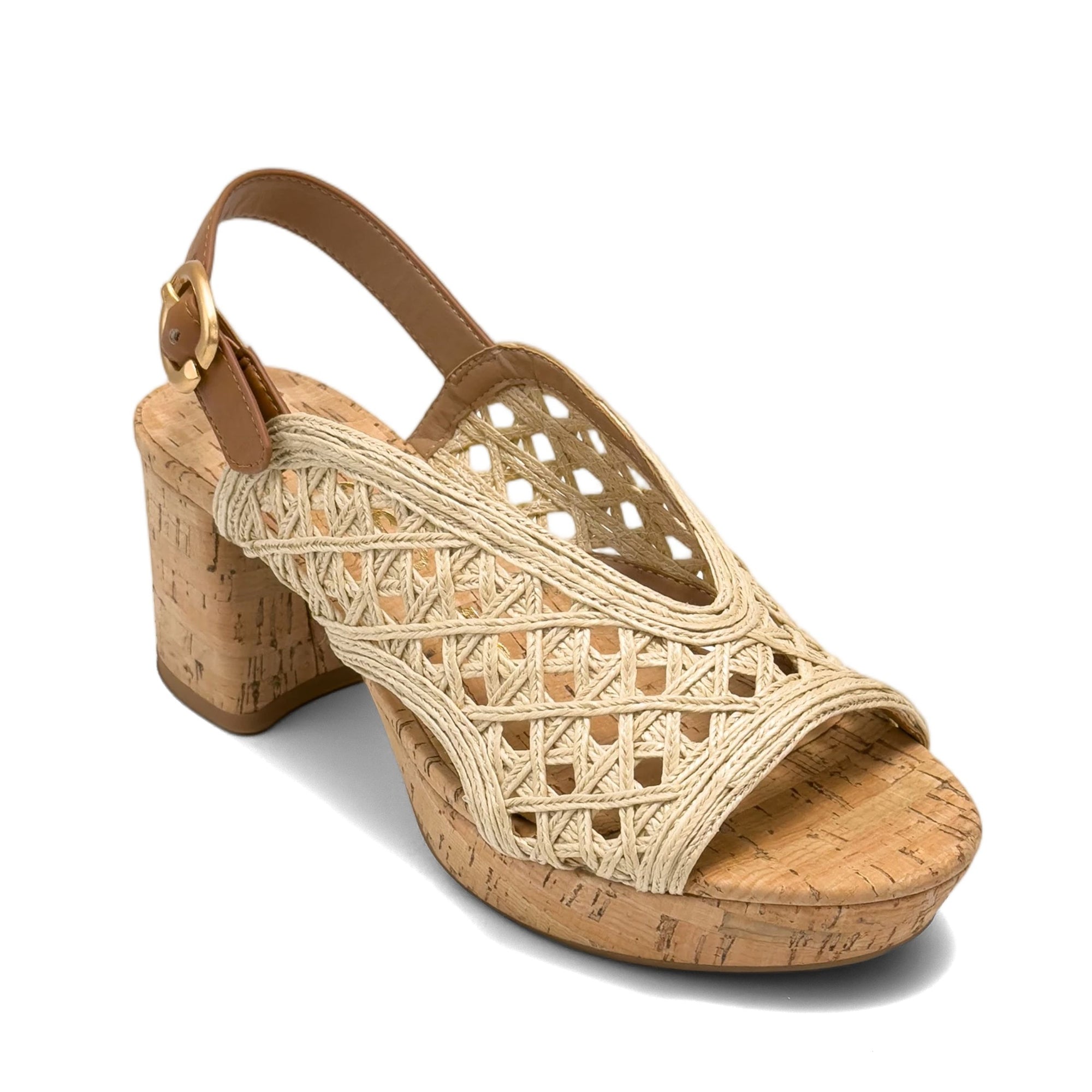 Clora Sandal Block Heel | Natural/Tan Crochet Raffia/Faux Nappa