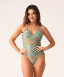 Chevy Alice One Piece women's swimsuit in multicolor gradient chevron with gold lurex, plunging V-neck