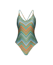 Chevy Alice One Piece women's swimsuit in multicolor gradient chevron with gold lurex, plunging V-neck