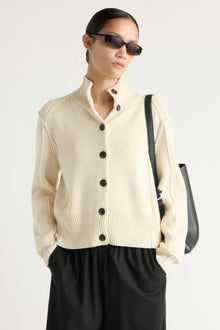 Charlotte | Clove Button Mock-Neck Knit Cardigan in Size Small
