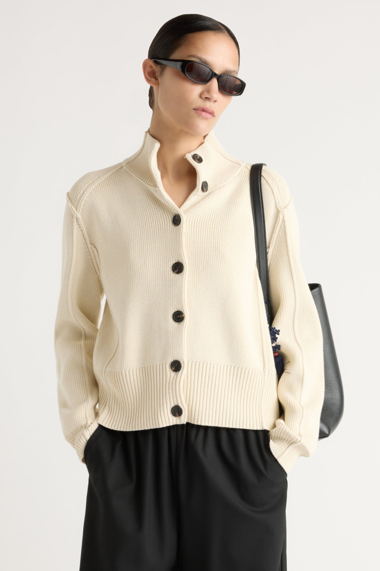 Charlotte | Clove Button Mock-Neck Knit Cardigan in Size Small