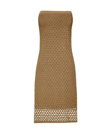 Copper Tessa Dress with macramÃ© netting and gold lurex detailing.