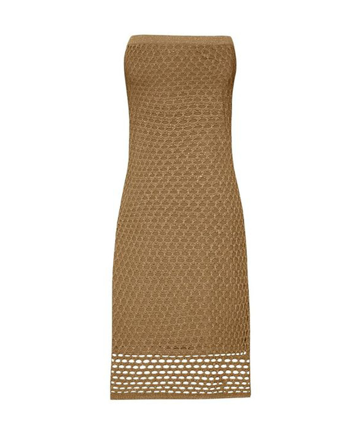 Copper Tessa Dress with macramÃ© netting and gold lurex detailing.