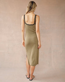 Crocheted Trim V-Neck Midi Dress | Olive Oasis