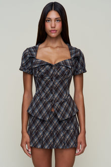 Womens | Lia Buttondown Diamond Tartan Corset | Blue Multi Tartan