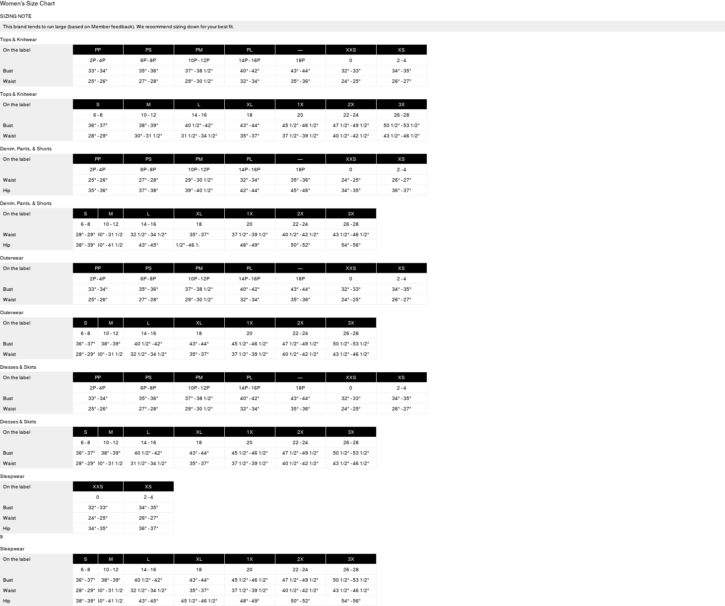 Product size guide